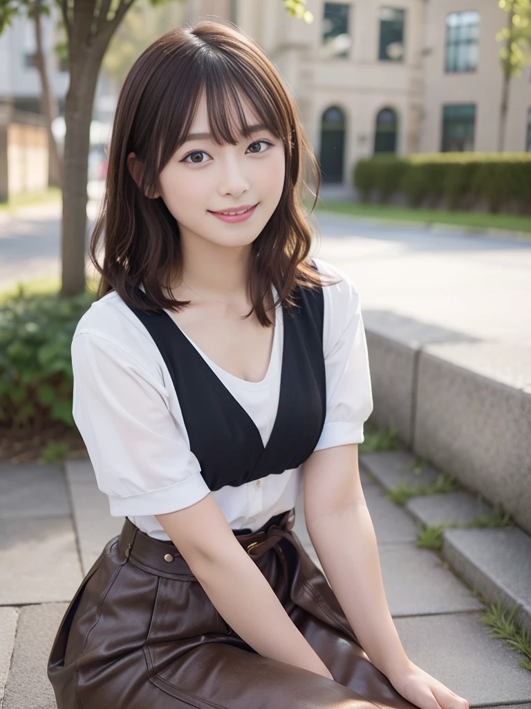 NFSW,In 8K,highest quality:1.4, Super high resolution:1.5, (realistic:1.4),masterpiece:1.2,(highest quality:1.4)、 RAW photo、 (background is blurry), 1 japanese girl, cute, (alone:1.4), (shy smile), smooth skin、 (brown medium hair,bangs),Nogizaka,supple fingertips,beautiful black eyes、dual、natural skin texture:1.3, Realistic eye and face details:1.7、medium breasts、daytime、tight buttocks:1.5、look at the viewer,(fine eyes:1.1)、cute、Thighs are visible、sitting、chest is visible