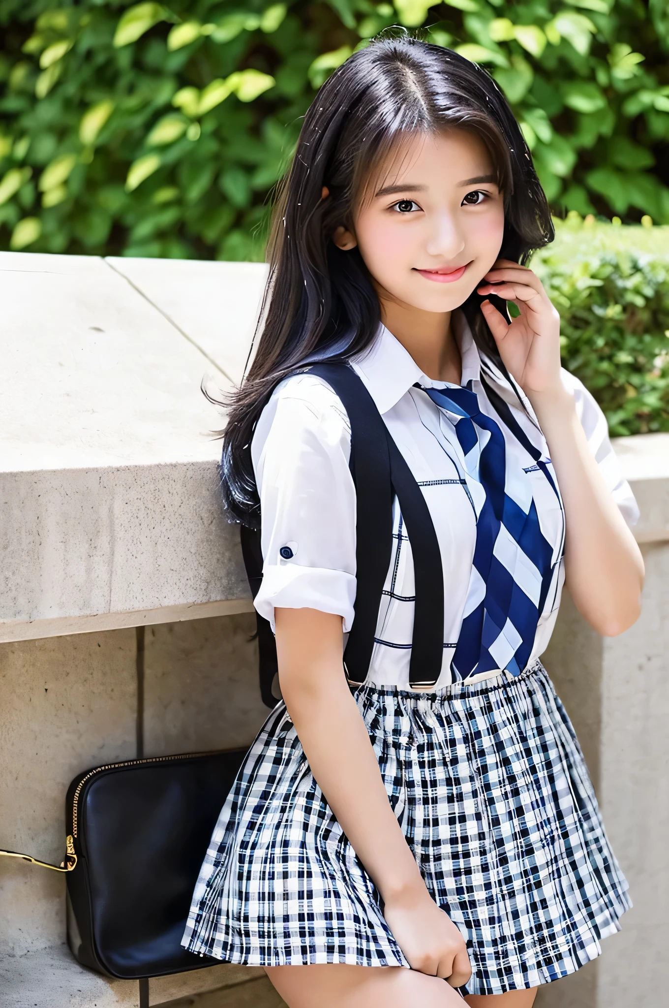 An 18-year-old high school girl wearing a checked super miniskirt and a white shirt...(black hair)