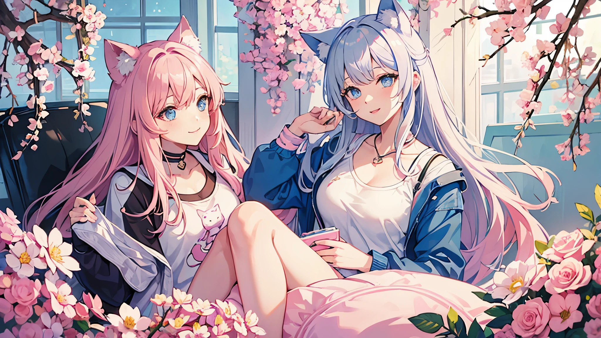 a woman wears a casual clothes with cat ear, blue eyes, high quality, 4K, Beautiful, White Hair, Surrounded by flowers, pink hair, Anime style, Studying, in pink room, Happy, Smiling