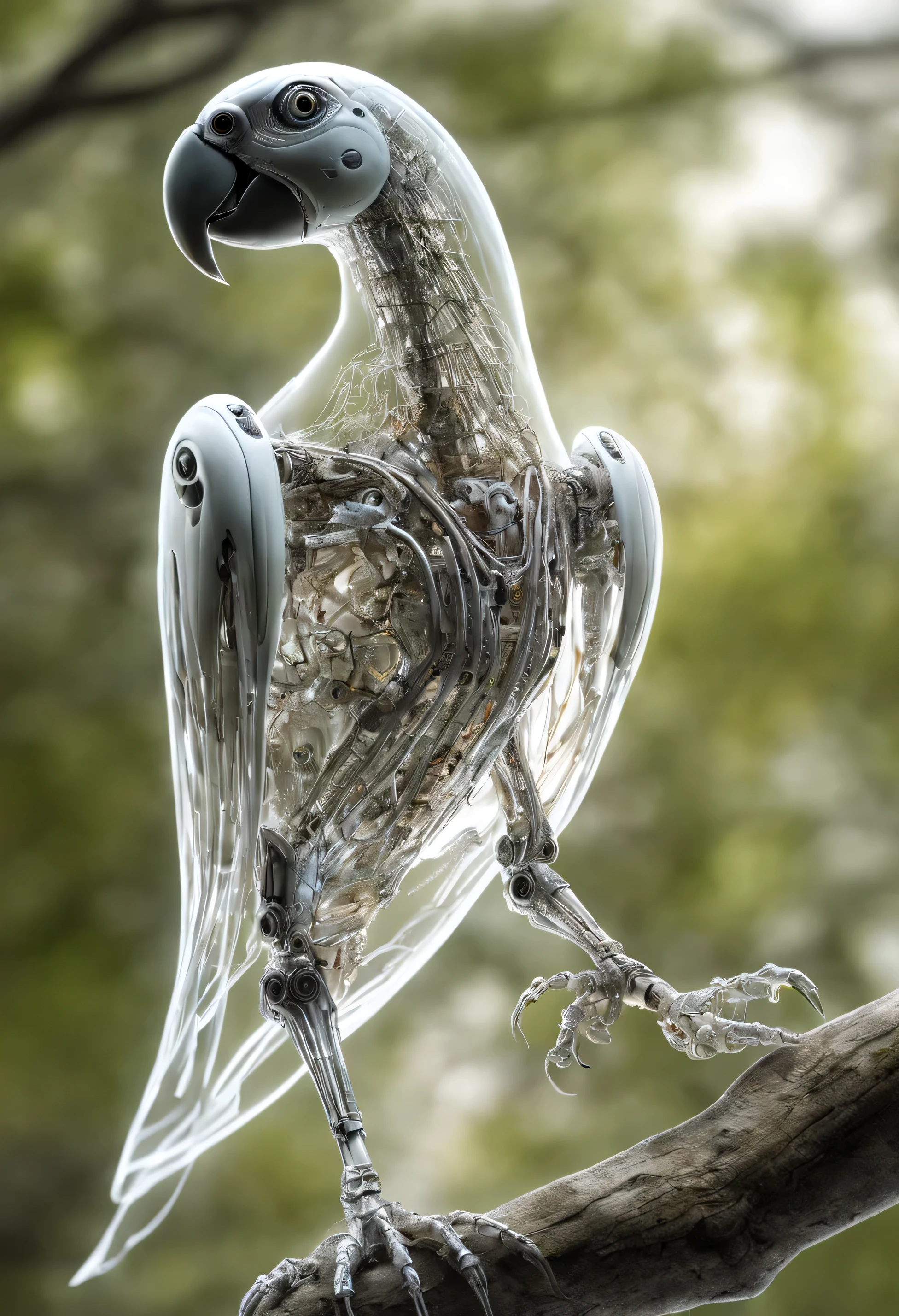 Robot parrot with transparent skin, whole body, White skeleton, on a branch, photo