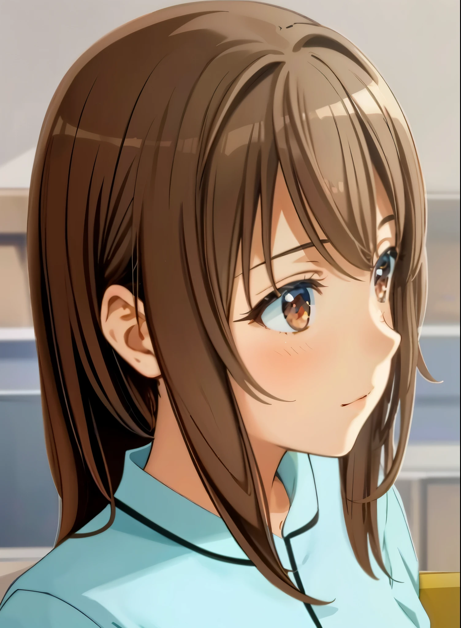 anime girl with long brown hair and blue shirt looking away, close up of a young anime girl, close up iwakura lain, smooth anime cg art, anime visual of a cute girl, visual novel cg, nagatoro, close up of iwakura lain, anime visual of a young woman, profile of anime girl, sayori