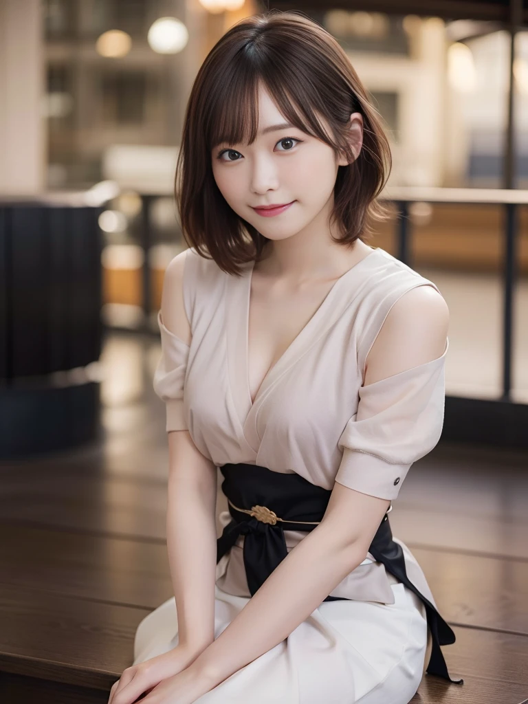 NFSW,In 8K,highest quality:1.4, Super high resolution:1.5, (realistic:1.4),masterpiece:1.2,(highest quality:1.4)、 RAW photo、 (background is blurry),  1 japanese girl, cute, (alone:1.4), (shy smile), smooth skin、 (Brown shorthair,bangs),Nogizaka,supple fingertips,beautiful black eyes、dual、natural skin texture:1.3, Realistic eye and face details:1.7、medium breasts、daytime、tight buttocks:1.5、look at the viewer,(fine eyes:1.1)、cute、Thighs are visible、chest is visible、beautiful legs