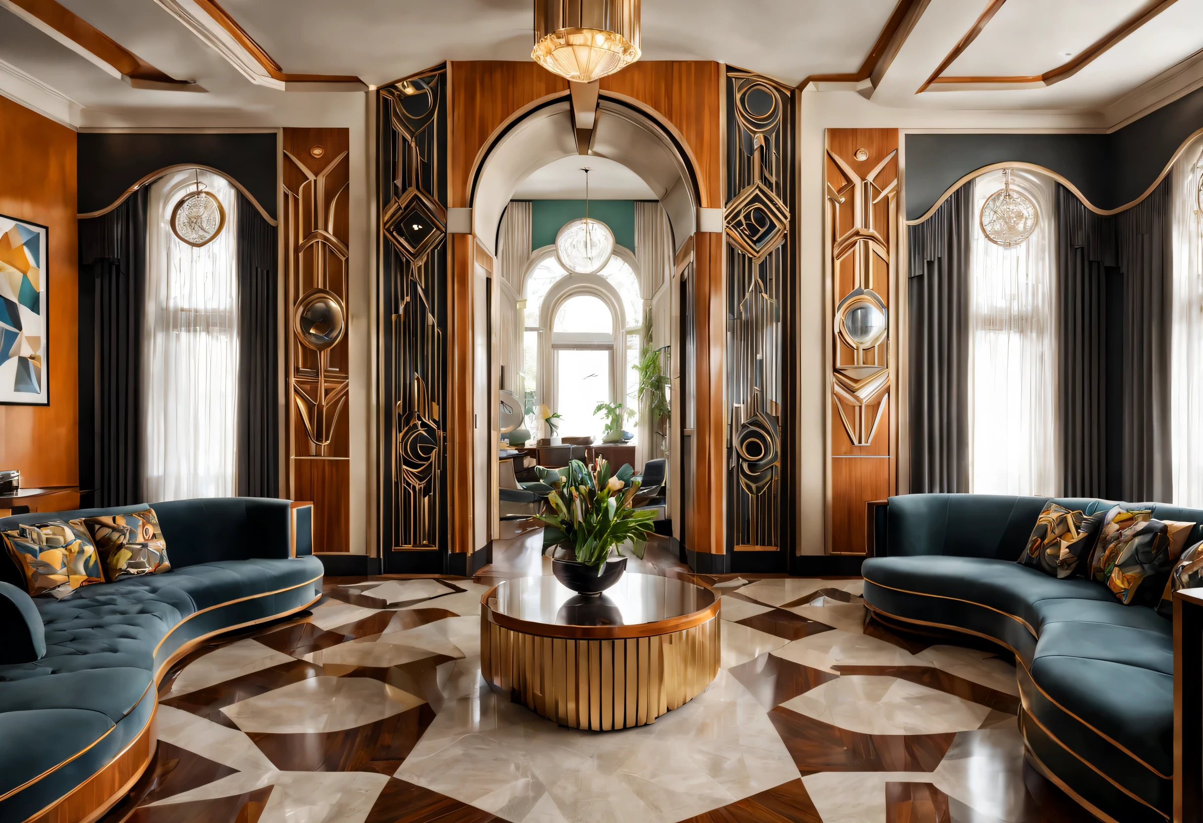 art deco style house, geometric shapes, art deco furniture, art deco door, living room, high ceilings, art deco pattern wall, complicated pattern, (best configuration), (masterpiece), (highest quality), (Ultra high detail), intricate details,