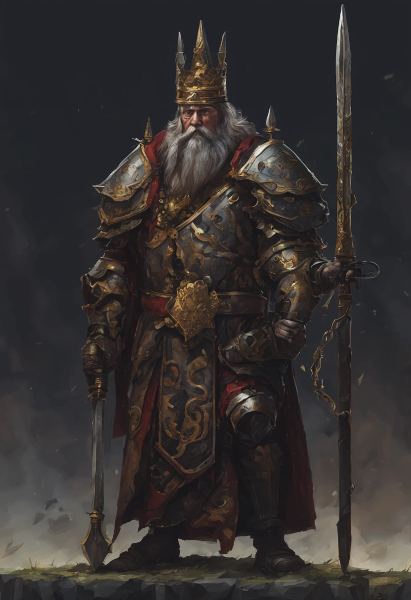 An old king with scars on his face, wearing an iron jacket, and carrying a long sword