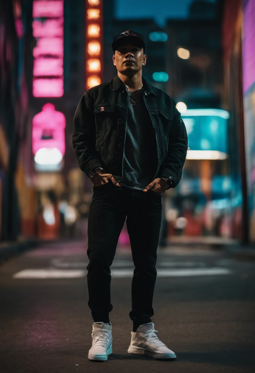 Cyberpunk scene, 1man, Malaysian, wearing black baseball cap and  white LEVIS shirt, baggy and sneakers on the street, neon background