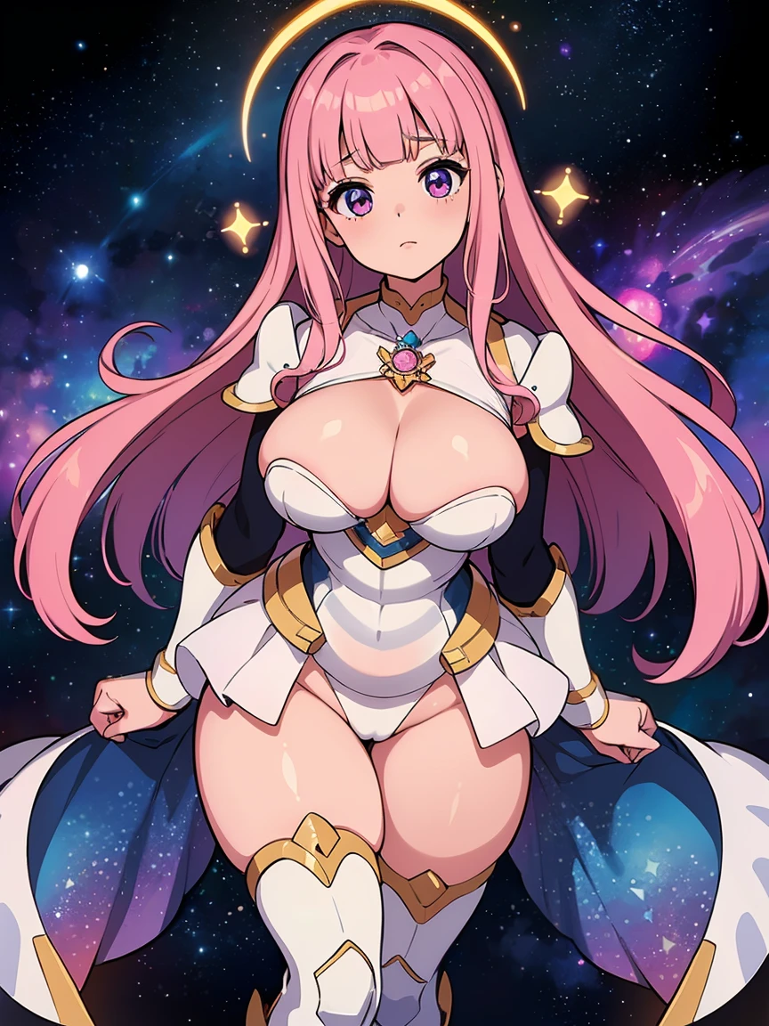 (melhor qualidade, obra-prima), 1Meninas, (corpo BBW), (celestial armor), (cosmic girl), (glowing hair), (space), corada, rechonchuda, Fofa, emphasis on the thighs, Pose sexy, seios grandes,