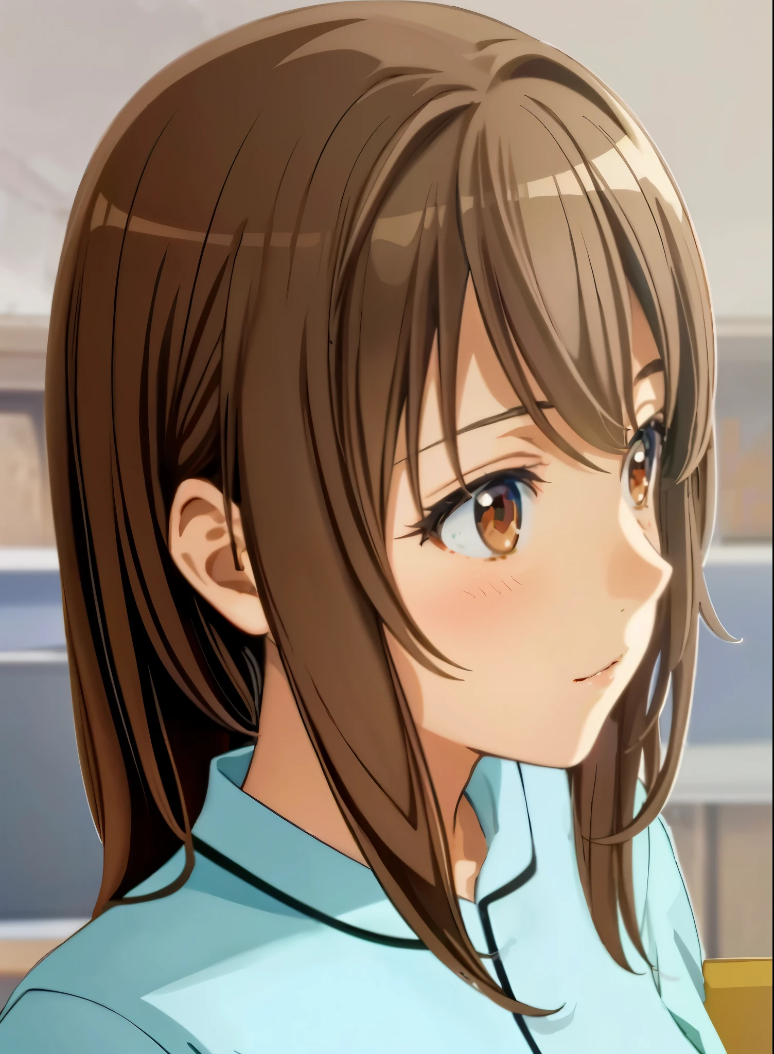 anime girl with long brown hair and blue shirt looking away, close up of a young anime girl, close up iwakura lain, smooth anime cg art, anime visual of a cute girl, visual novel cg, nagatoro, close up of iwakura lain, anime visual of a young woman, profile of anime girl, sayori