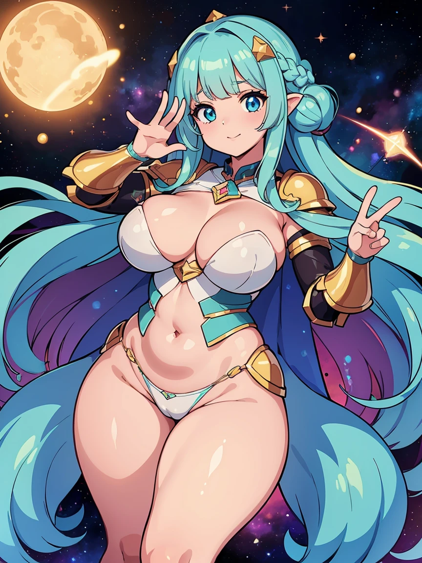 (melhor qualidade, obra-prima), 1Meninas, (corpo BBW), (celestial armor), (cosmic girl), (glowing hair), (space), corada, rechonchuda, Fofa, emphasis on the thighs, Pose sexy, seios grandes,