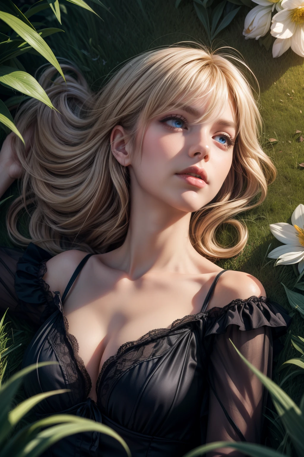 (masterpiece:1.2, best quality:1.1, highres,absurdres, high quality),(photorealistic:1.1),reflected light, colorful,ultra-detailed,8k, ultra hd, super detailed, violet evergarden, blonde hair, blue eyes, hair hair between eyes, lying,on back,grass,upper body shot,flower field,from above, solo,sleepy,night, (dark environment),gothic, black dress,