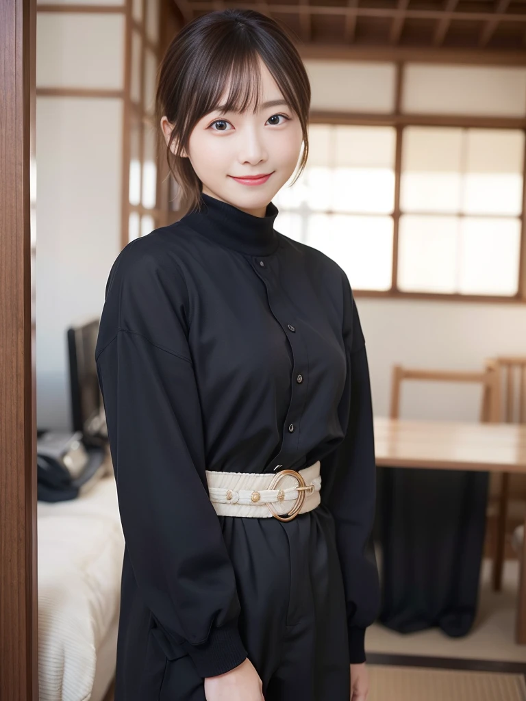 NFSW,In 8K,highest quality:1.4, Super high resolution:1.5, (realistic:1.4),masterpiece:1.2,(highest quality:1.4)、 RAW photo、 (background is blurry), 1 japanese girl, cute, (alone:1.4), (shy smile), smooth skin、 short hair,supple fingertips,beautiful black eyes、dual、natural skin texture:1.3, Realistic eye and face details:1.7、medium breasts、daytime、tight buttocks:1.5、look at the viewer,(fine eyes:1.1)、cute、Open front door、beautiful legs