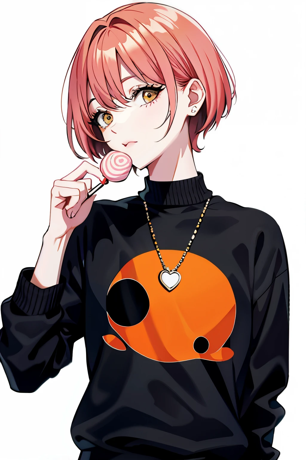 orange short hair, holding and eating candy, body facing forward, black mixed pink striped sweater, white background