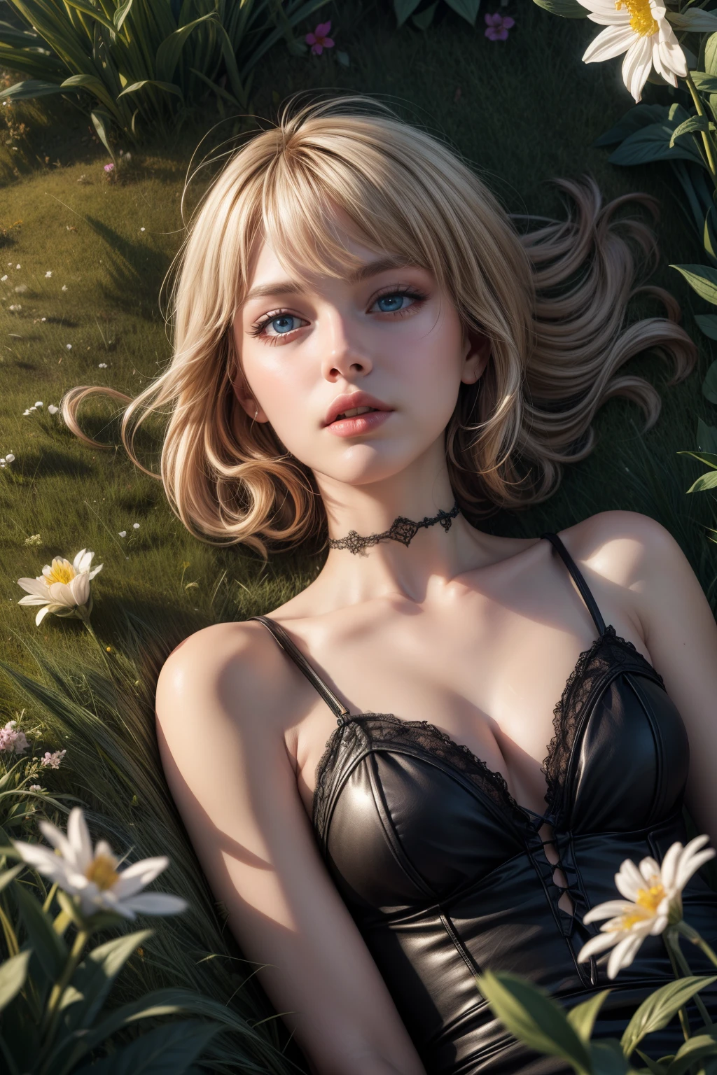 (masterpiece:1.2, best quality:1.1, highres,absurdres, high quality),(photorealistic:1.1),reflected light, colorful,ultra-detailed,8k, ultra hd, super detailed, violet evergarden, blonde hair, blue eyes, hair hair between eyes, lying,on back,grass,upper body shot,flower field,from above, solo,sleepy,night, (dark environment),gothic, black dress,