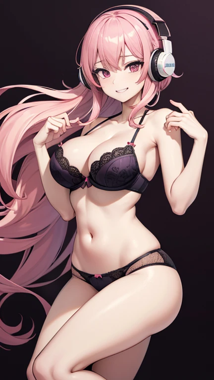 (best quality,4K,8k,high resolution,masterpiece:1.2),Super detailed, anime style, vaporwave aesthetics, line art, huge breasts, bimbo, Slim thicc dead:1.5, dark red bra, Purple and pink background, become sunny, posture:1.5, Wearing large headphones, dead, seductiveexpression:1.2, Smile，性感posture，extrusion，Almost exploding