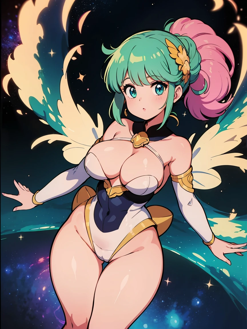 (melhor qualidade, obra-prima), 1Meninas, (corpo ), (celestial armor), (cosmic girl), (glowing hair), (space), corada, rechonchuda, Fofa, emphasis on the thighs, Pose sexseios es,