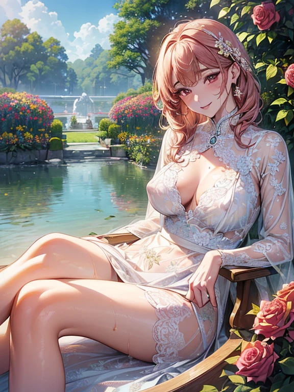 ((top quality)),(ultra high resolution),(Super detailed),(detailed description),((the most picturesque works of art),super precision art,amazing art of depiction,fantasy art:1.5, ((綺麗なおflower々:1.8)), (flowerに侵食された体:1.3),(glamorous body:1.3),fancy background effects、masterpiece、fancy details、(NSFW 1.1), ((1 female)), ((muste piece)), ((extremely detailed:1.3)), Beautiful woman entering the lake in crystal clear water, (long beautiful pink hair), wet hair, wearing a thin transparent dress, Bathing clothed, (水に浮かぶバラのflowerびら:1.5), early morning light, ivory gold AI, windows, crepuscular lighting, Lace sheer lingerie、(very huge )、pink nipples、pink areola，透けて見えるpink nipples、透けて見えるpink areola、Sheer panties with lace and strings、Sexy transparent lingerie with lace and strings,See-through sexy lingerie,Transparent sexy lingerie、translucent dress、pearl accessories、sexy harness、sexy garter belt、sexy stockings、Arranged,intimate, rose garden、colorful roses、lake with floating roses、Lying down、legs open、spread your legs、Open thighs、soak in water、wet body、ゴージャスなflowerの装飾、大きなflowerいっぱい、Stylish Hairstyles、solo, water play, flowerいっぱいの髪飾り, flower々, sky porn,Transparent dress wet with water, sky porn, shines wet with water、(muste piece),(Highly detailed CG Unity 8K wallpaper),best quality,cinematic lighting,detailed background,beautiful detailed eyes,bright pupils, (very delicate and beautiful),(Beautiful and detailed eyes),((muste piece)),((red eyes))、flower園、temple