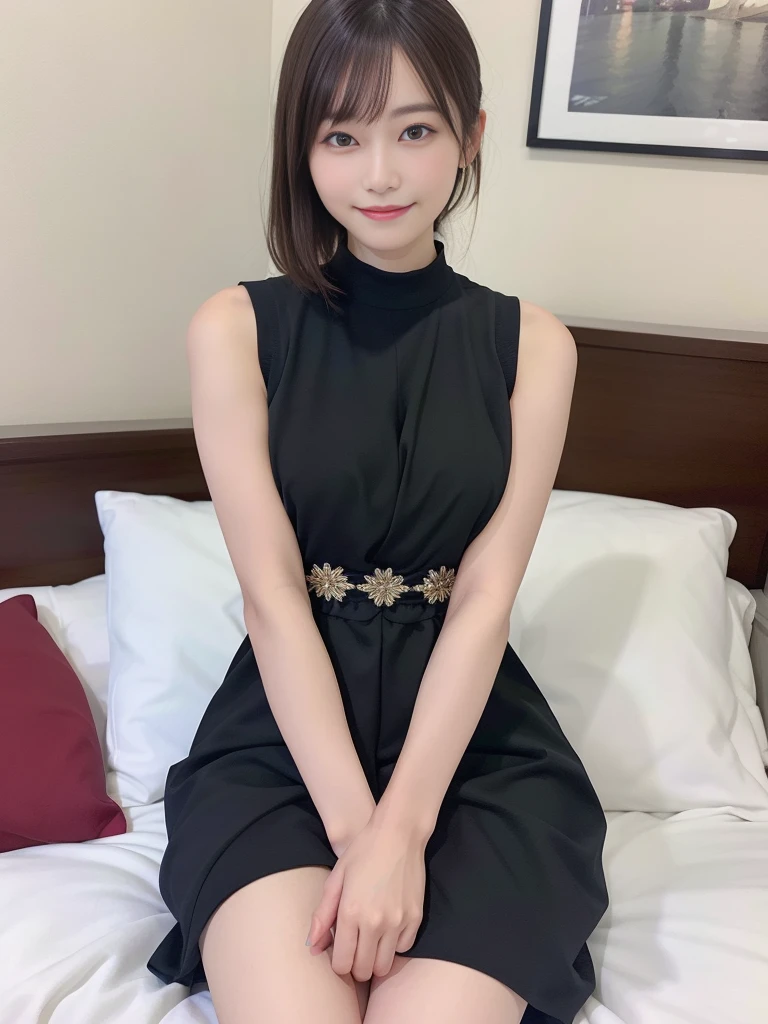 NFSW,In 8K,highest quality:1.4, Super high resolution:1.5, (realistic:1.4),masterpiece:1.2,(highest quality:1.4)、 RAW photo、 (background is blurry),  1 japanese girl, cute, (alone:1.4), (shy smile), smooth skin、 short hair,supple fingertips,beautiful black eyes、dual、natural skin texture:1.3, Realistic eye and face details:1.7、medium breasts、daytime、tight buttocks:1.5、look at the viewer,(fine eyes:1.1)、cute、Dresses with visible breasts、beautiful legs、Sleeping in bed