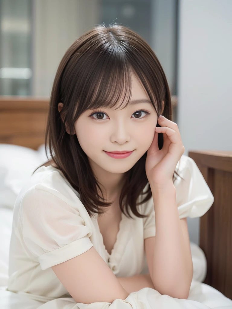 NFSW,In 8K,highest quality:1.4, Super high resolution:1.5, (realistic:1.4),masterpiece:1.2,(highest quality:1.4)、 RAW photo、 (background is blurry),  1 japanese girl, cute, (alone:1.4), (shy smile), smooth skin、 short hair,supple fingertips,beautiful black eyes、dual、natural skin texture:1.3, Realistic eye and face details:1.7、medium breasts、daytime、tight buttocks:1.5、look at the viewer,(fine eyes:1.1)、cute、Dresses with visible breasts、beautiful legs、Sleeping in bed