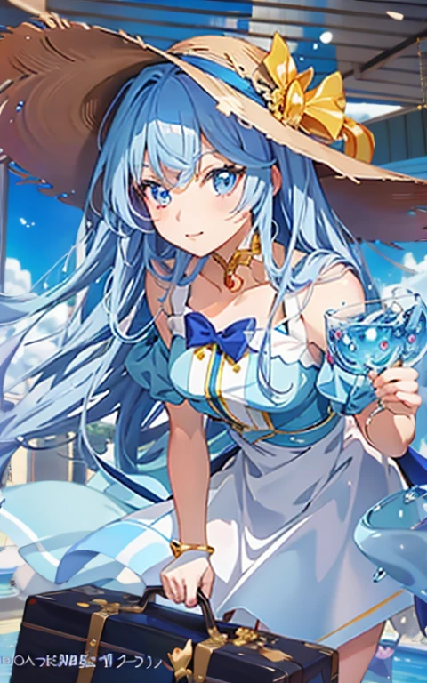Close-up of a man holding a glass with a hat, Splash art anime , Anime visual of a cute girl, Cute anime waifu wearing beautiful clothes, Anime cute art style, wallpaper anime blue water, Beautiful anime style, high quality anime art style, night nucleus, anime long hair girl, beautiful anime girl, anime art style