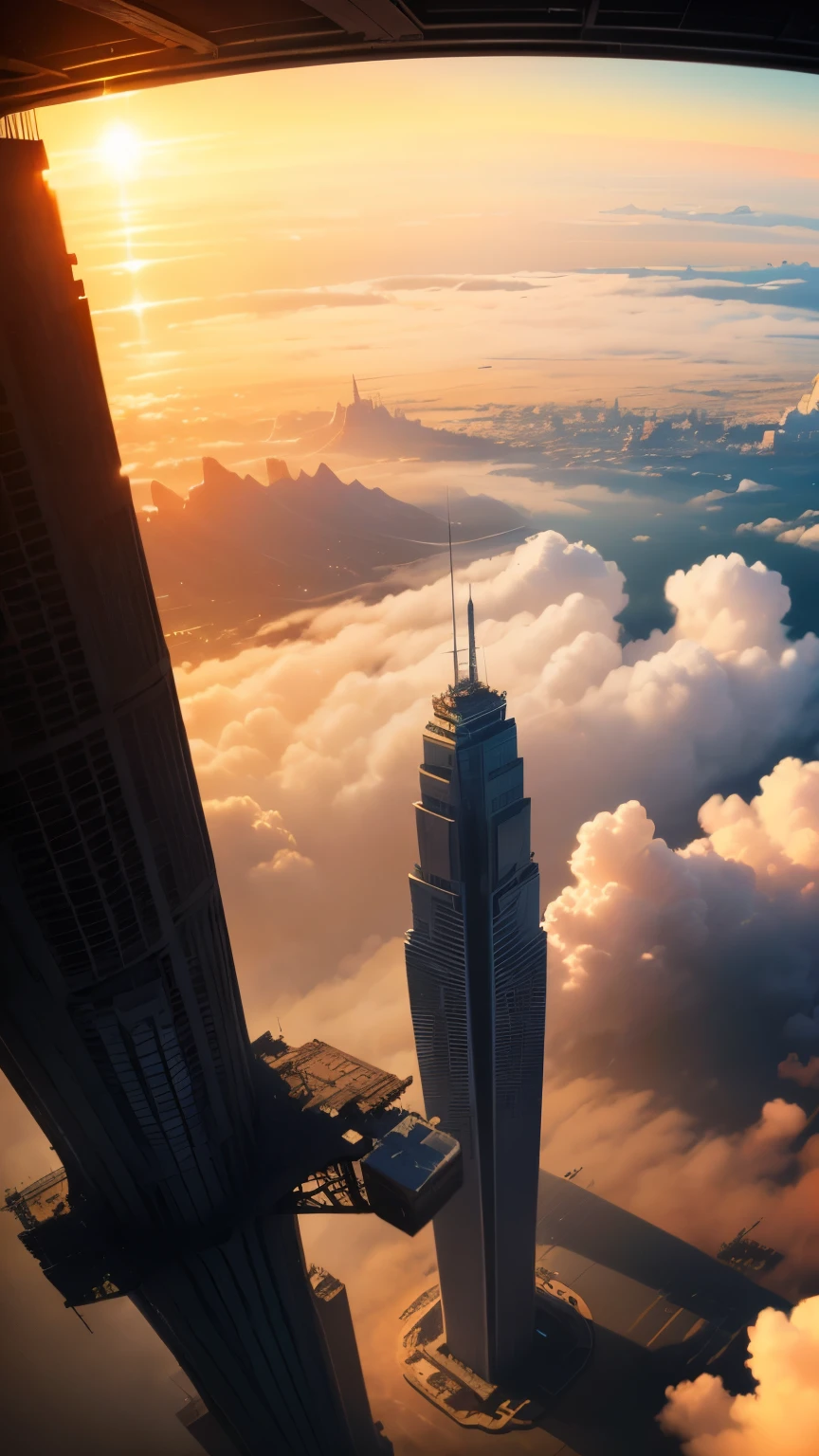 (Best quality,4K,8K,A high resolution,Masterpiece:1.2),Ultra-detailed,(Realistic,Photorealistic,photo-realistic:1.37),Futuristic floating cities ,Futuristic technology,Huge high-tech tablet platform,Airships,Floating in the sky,Futuristic city,Small airships around,High-tech hemispherical platforms, city floating on lots of clouds, city on top of clouds, clouds at bottom, golden yellow tones ,sunset, hot weather,city floating on desert, summer, yellow sky, yellow orange clouds, hot summer, multiple cities, birds eye view