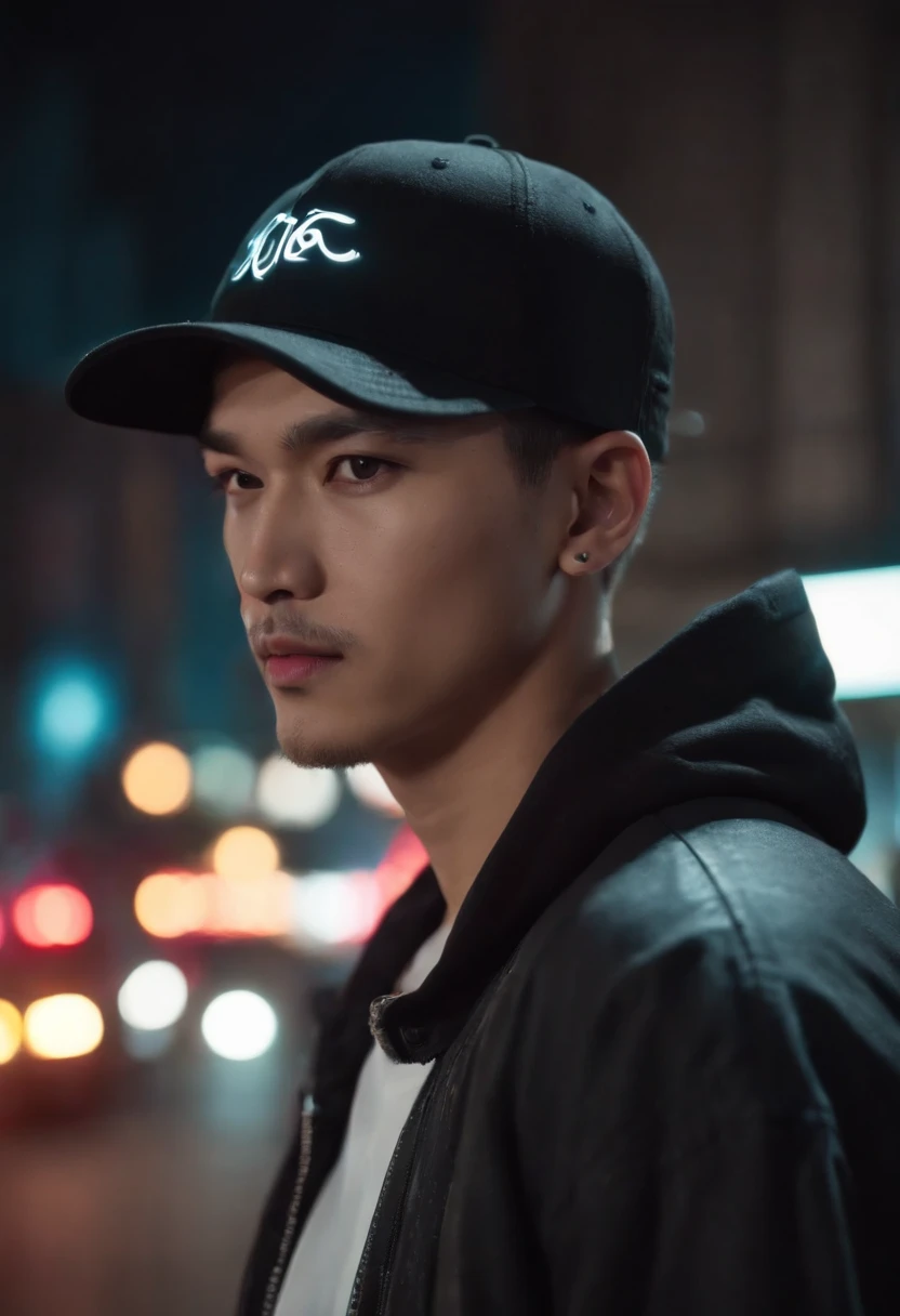 Cyberpunk scene at nigth, 1man, Malaysian, wearing black baseball cap and white tee shirt, jeans and sneakers on the street, neon light background