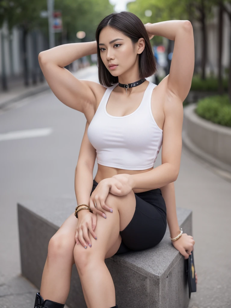 Dslr photo, (extraarms:1.2), (8k, 4k, masterpiece),beautiful pretty filipina asian woman, punk, outdoors, street, sleeveless cropped shirt, short dark hair, bracelets, arm bands, choker, blurry background, (upper hands on head), (lower hands on ankles), (lower hands on legs),(lower arms flexing), boots, full subject in frame, full body view, sitting on bench, facing viewer, (extraarms:1.2), (four arms), muscular female, slim body
