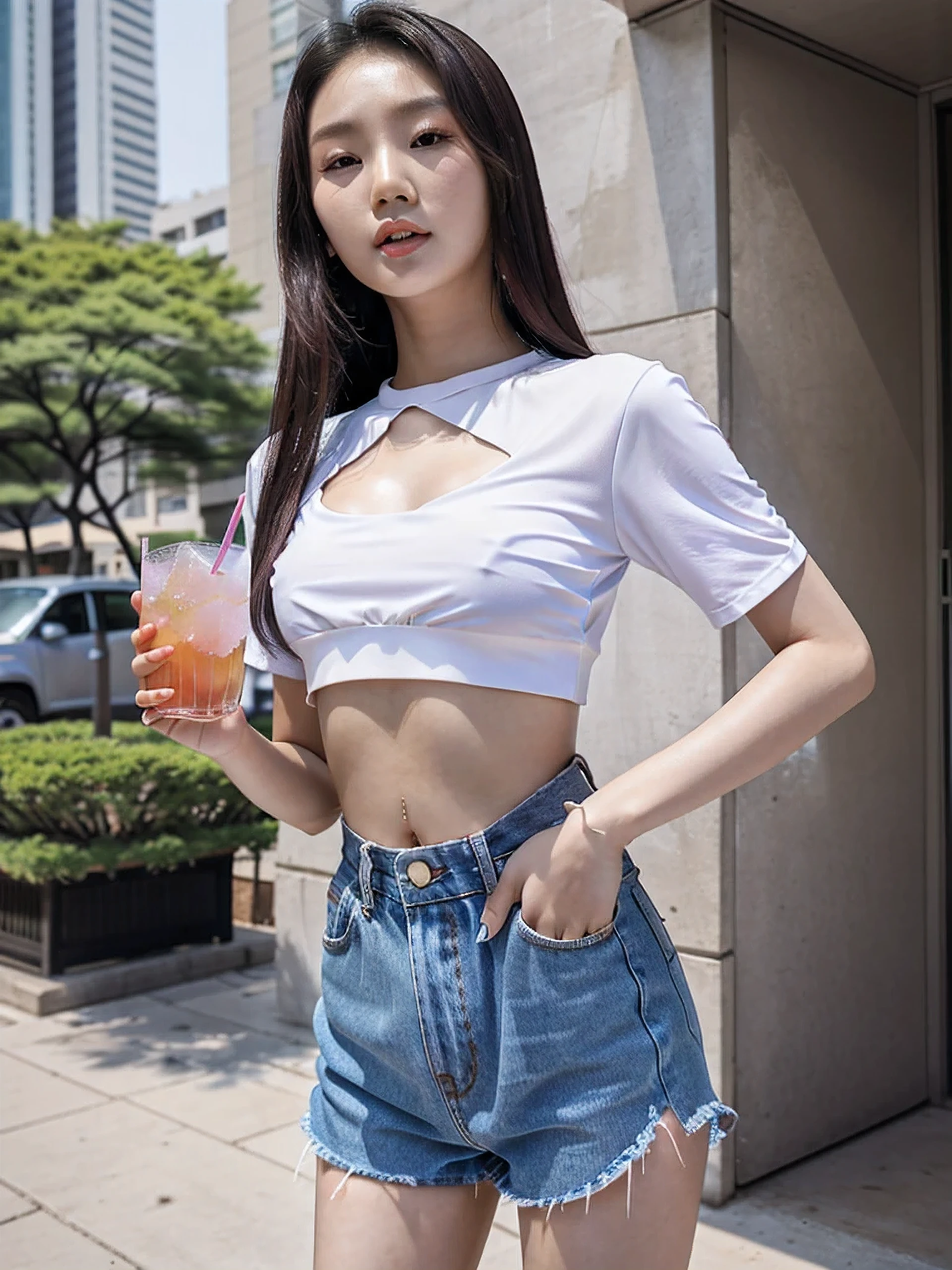Aarav woman stood outside the building with a drink in her hand., หญิงKorean girlที่งดงาม, Korean girl, Open V-????? shirt, หญิงKorean girlที่สวยงาม, beautiful south korean women, wearing crop shirt, Wear a ???? crop top., Wear a cute shirt., Korean female fashion model, With a torn cropped t-shirt, Hot with bright sunlight, Ulzzang