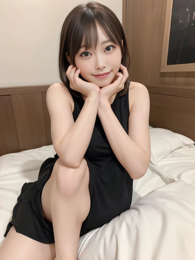 NFSW,In 8K,highest quality:1.4, Super high resolution:1.5, (realistic:1.4),masterpiece:1.2,(highest quality:1.4)、 RAW photo、 (background is blurry),  1 japanese girl, cute, (alone:1.4), (shy smile), smooth skin、 short hair,supple fingertips,beautiful black eyes、dual、natural skin texture:1.3, Realistic eye and face details:1.7、medium breasts、daytime、tight buttocks:1.5、look at the viewer,(fine eyes:1.1)、cute、Tank top、beautiful legs、Sleeping in bed