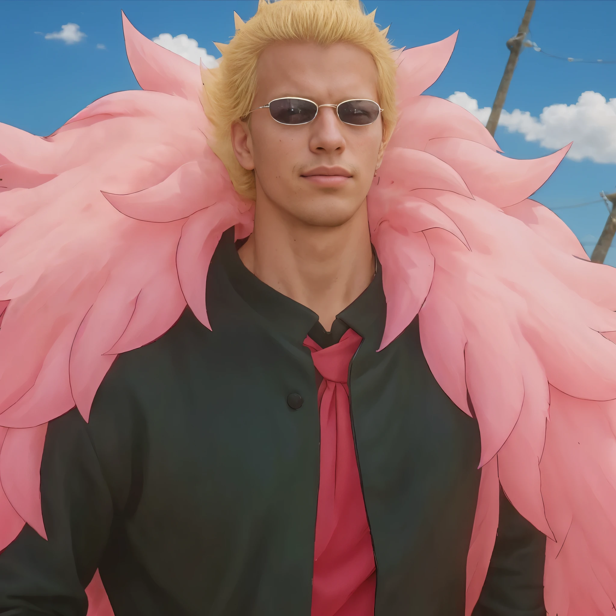 (masterpiece), (realistic), (ultra detailed), ( high reest quality), (photorealistic), (perfect face), (perfect anatomy), man, male, solo, (((************))), donquixote doflaminho from one piece, donquixote doflamingo, one piece, yellow hair, (((upward spiky hairstyle)))