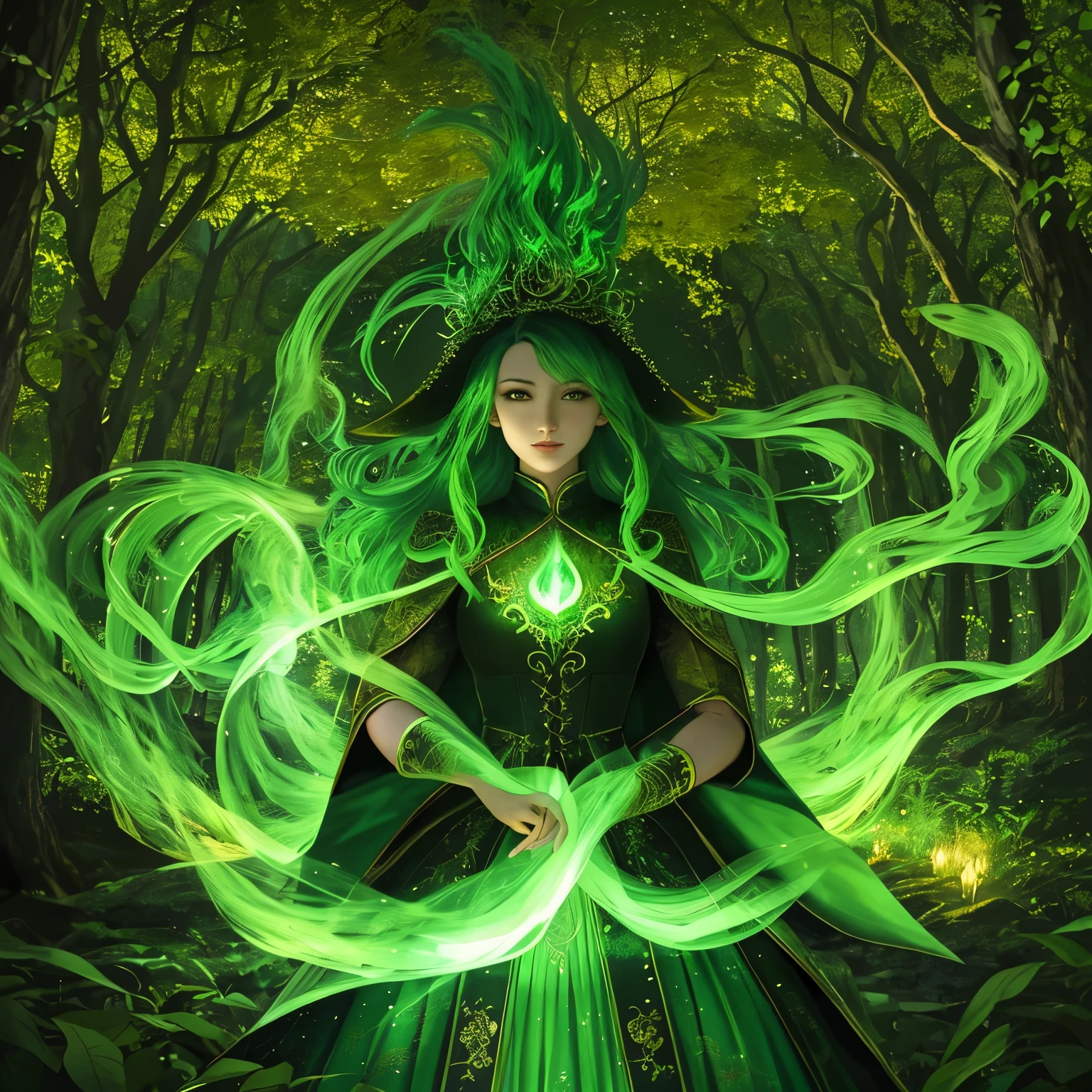 masterpiece, highest quality, green fire on forest:

The forest comes alive in this mesmerizing masterpiece, where the green leaves are illuminated by the vibrant, top-quality green fire. The detailed foliage is in perfect harmony, creating a breathtakingly beautiful and aesthetic image that transports the viewer into a fantastical world. With every intricate detail brought to life in extreme detail, the green fire dances among the trees, adding an element of mystery and magic to this official art piece. The colors pop against the dark background, the flames flicker and twist with an ethereal glow, and the overall effect is a breathtaking, ultra-detailed image that is sure