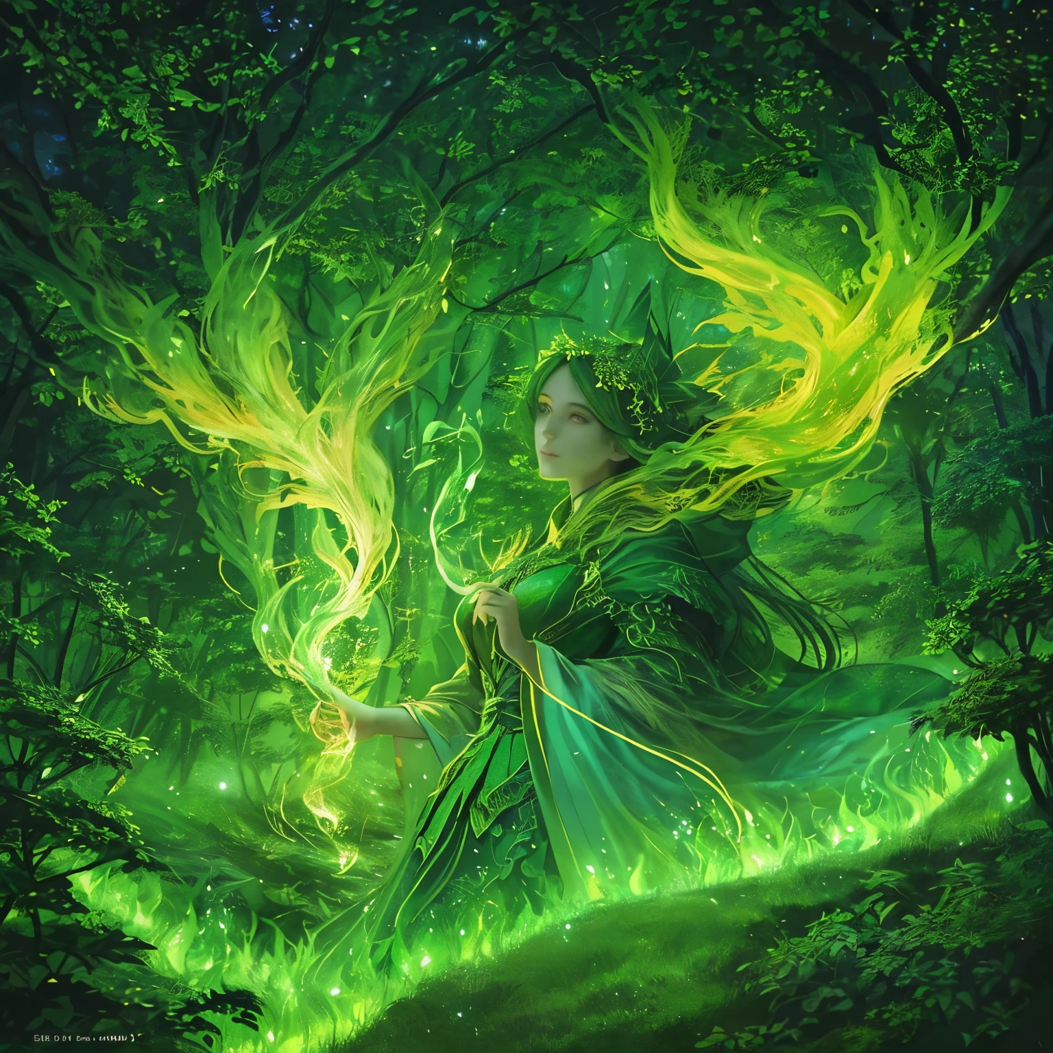 masterpiece, highest quality, green fire on forest:

The forest comes alive in this mesmerizing masterpiece, where the green leaves are illuminated by the vibrant, top-quality green fire. The detailed foliage is in perfect harmony, creating a breathtakingly beautiful and aesthetic image that transports the viewer into a fantastical world. With every intricate detail brought to life in extreme detail, the green fire dances among the trees, adding an element of mystery and magic to this official art piece. The colors pop against the dark background, the flames flicker and twist with an ethereal glow, and the overall effect is a breathtaking, ultra-detailed image that is sure