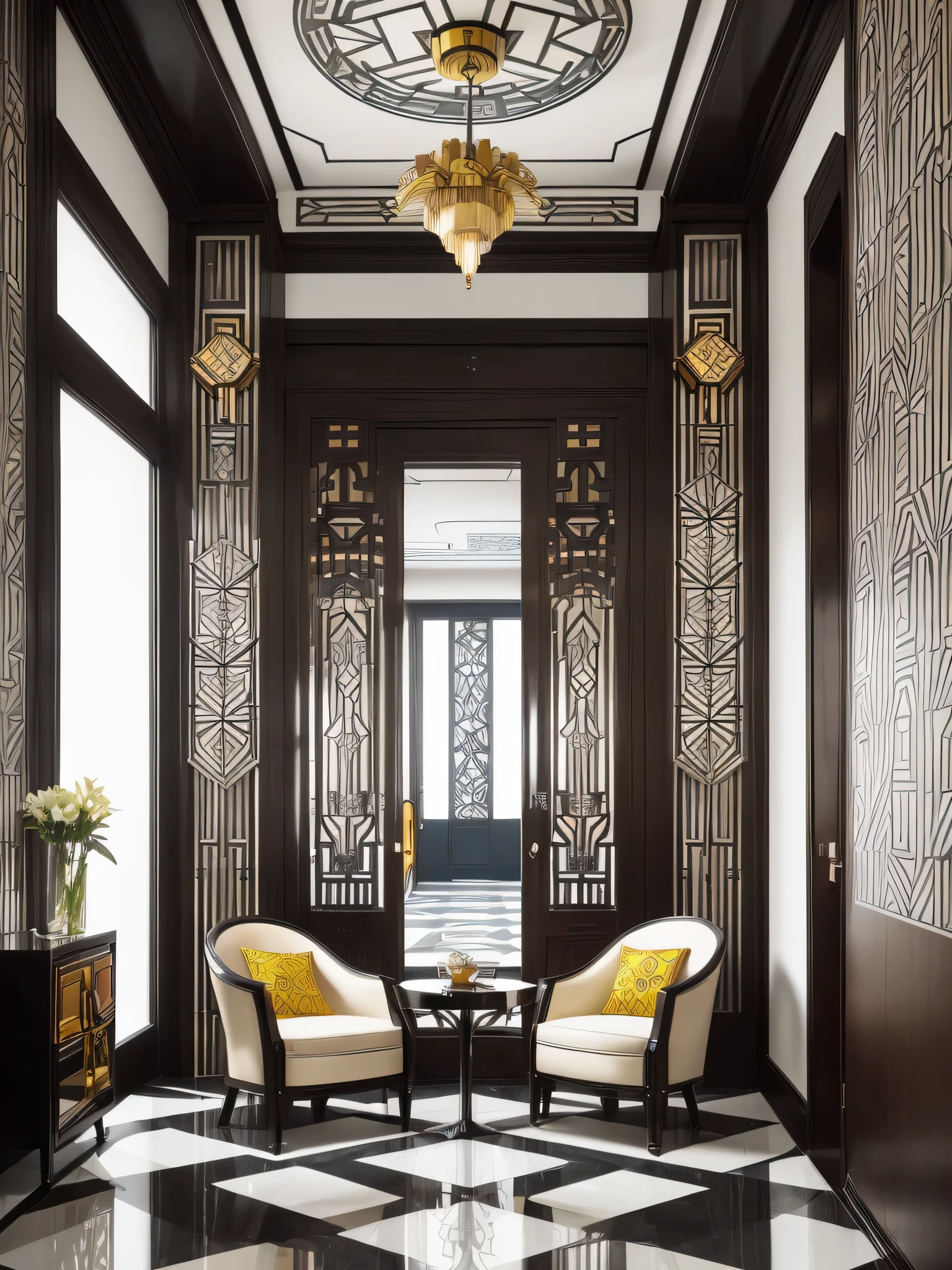 art deco style house, geometric shapes, art deco furniture, art deco door, living room, high ceilings, art deco pattern wall, complicated pattern, (best configuration), (masterpiece), (highest quality), (Ultra high detail), intricate details,