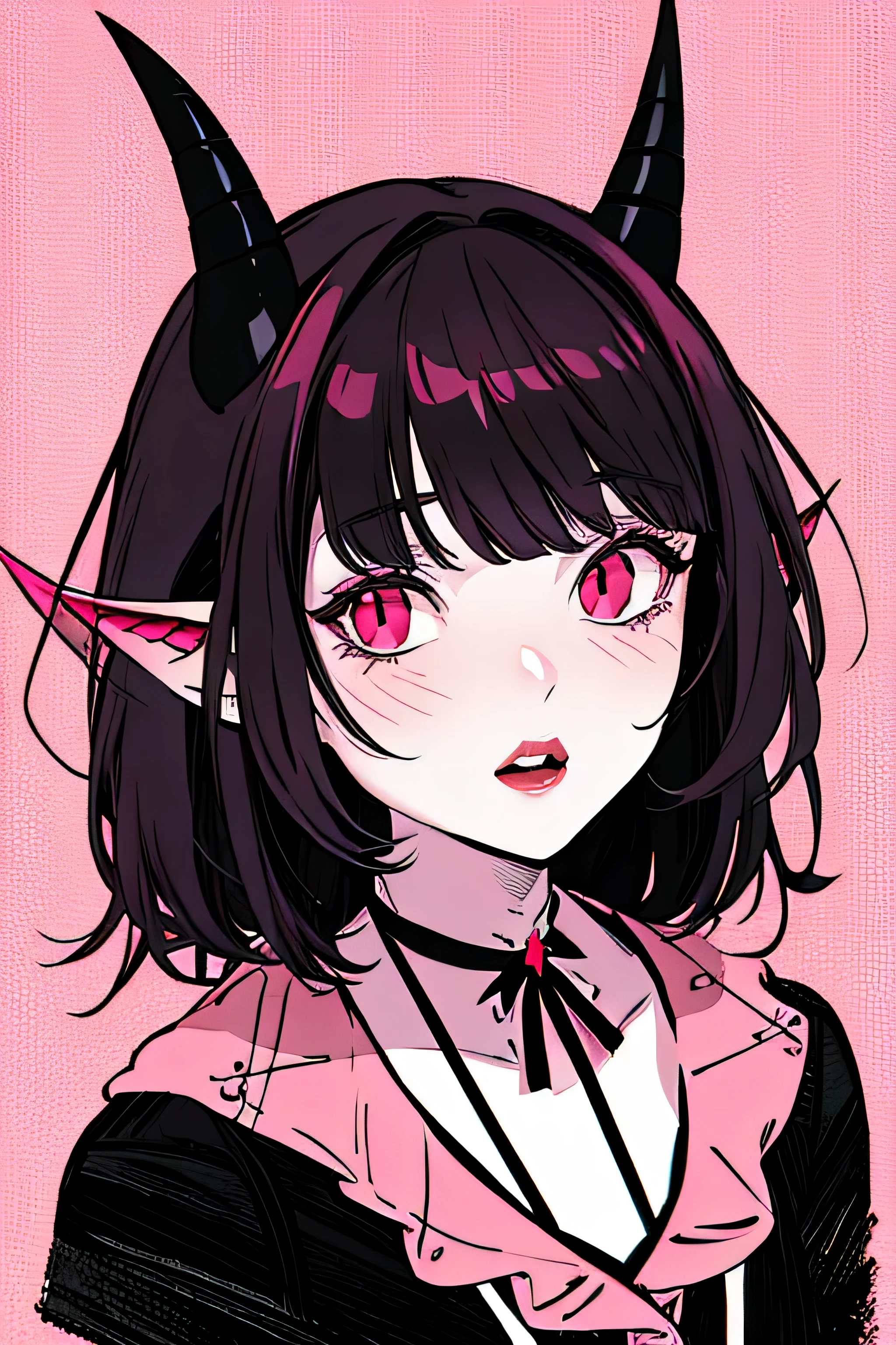 make a horror phonk portrait of a devil horned girl in rose colors