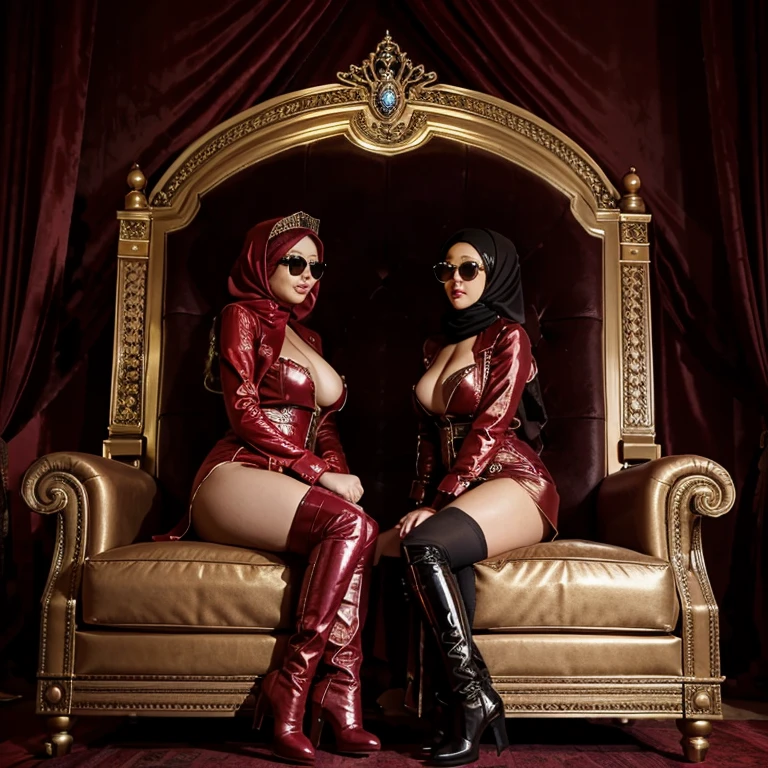 Two queen hijab girls kisses in big throne in darkness palace . Very huge breast, busty, wear sunglasses dressed shiny red trench coat, overknee boots, leather long gloves, Very glamour and Elegant. Full body