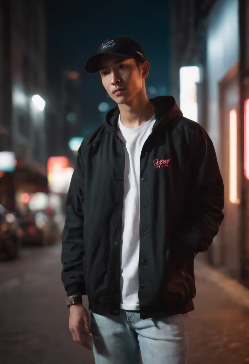 Cyberpunk, nigth, 1man, Malaysian, wearing black baseball cap and  white tee shirt, jeans and sneakers on the street, full body portrait, neon light background