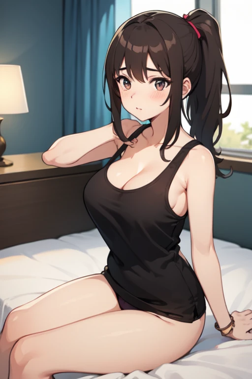 dark brown ponytail, tank top, panties, sitting on bed, busty, cleavage, blushing:1.2 naked