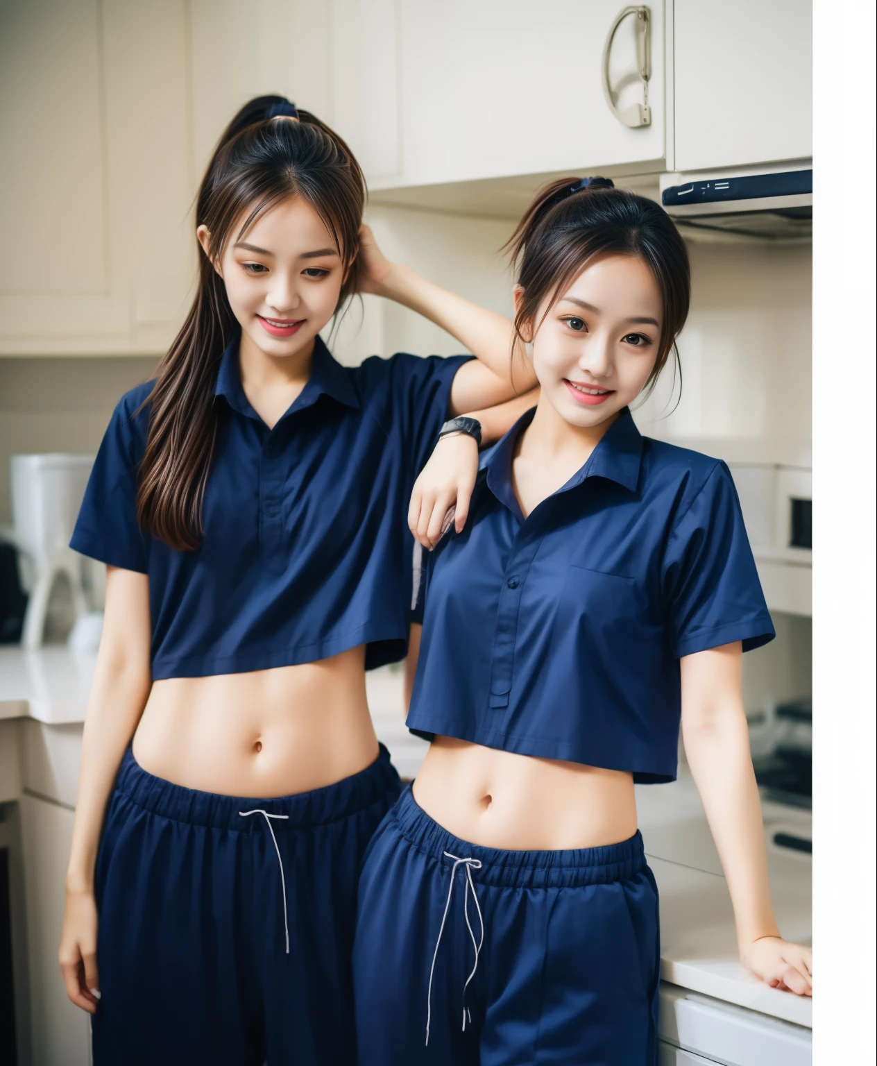 2 Girls in the Kitchen, Navy blue short-sleeved shirt,Navy Long Trackpant,Sweatpants, Sweatpantsขายาว,25 year old girl, lesbian, sexy, exercise clothes, wet body