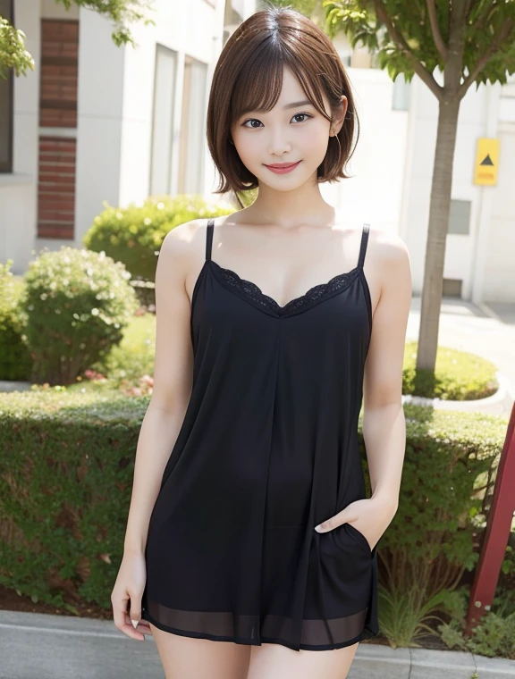 NFSW,In 8K,highest quality:1.4, Super high resolution:1.5, (realistic:1.4),masterpiece:1.2,(highest quality:1.4)、 RAW photo、 (background is blurry), 1 japanese girl, cute, (alone:1.4), (shy smile), smooth skin、 short hair,supple fingertips,beautiful black eyes、dual、natural skin texture:1.3, Realistic eye and face details:1.7、medium breasts、daytime、tight buttocks:1.5、look at the viewer,(fine eyes:1.1)、cute、negligee、beautiful legs、thighs、I can see your chest