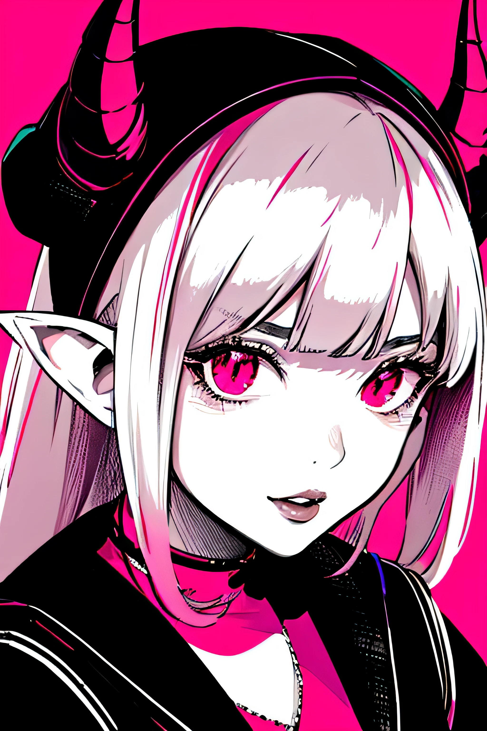 make a horror phonk portrait of a devil horned girl in rose colors