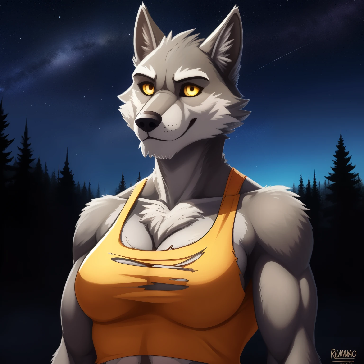 Tall_lanky_muscular_mature_wolf female gray_furry_body yellow_eyes very_fluffy misty_breath snowy_forest starry_sky solo Masterpiece best_quality absurdres highly_detailed well_drawn_eyes anthro_only by_greasymojo by_runawaystride torn_tank_top torn_shorts portrait