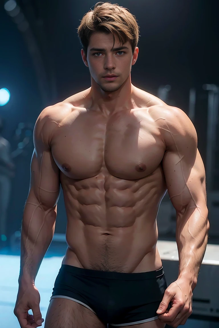 Muscular dude,8K Ultra HD resolution,short hair,buzz clip,The chest muscles are full,abdominal muscles,rough real skin,naked,Sexy and charming expression,blue eyes,Gloomy eyes,Background T stage catwalk。