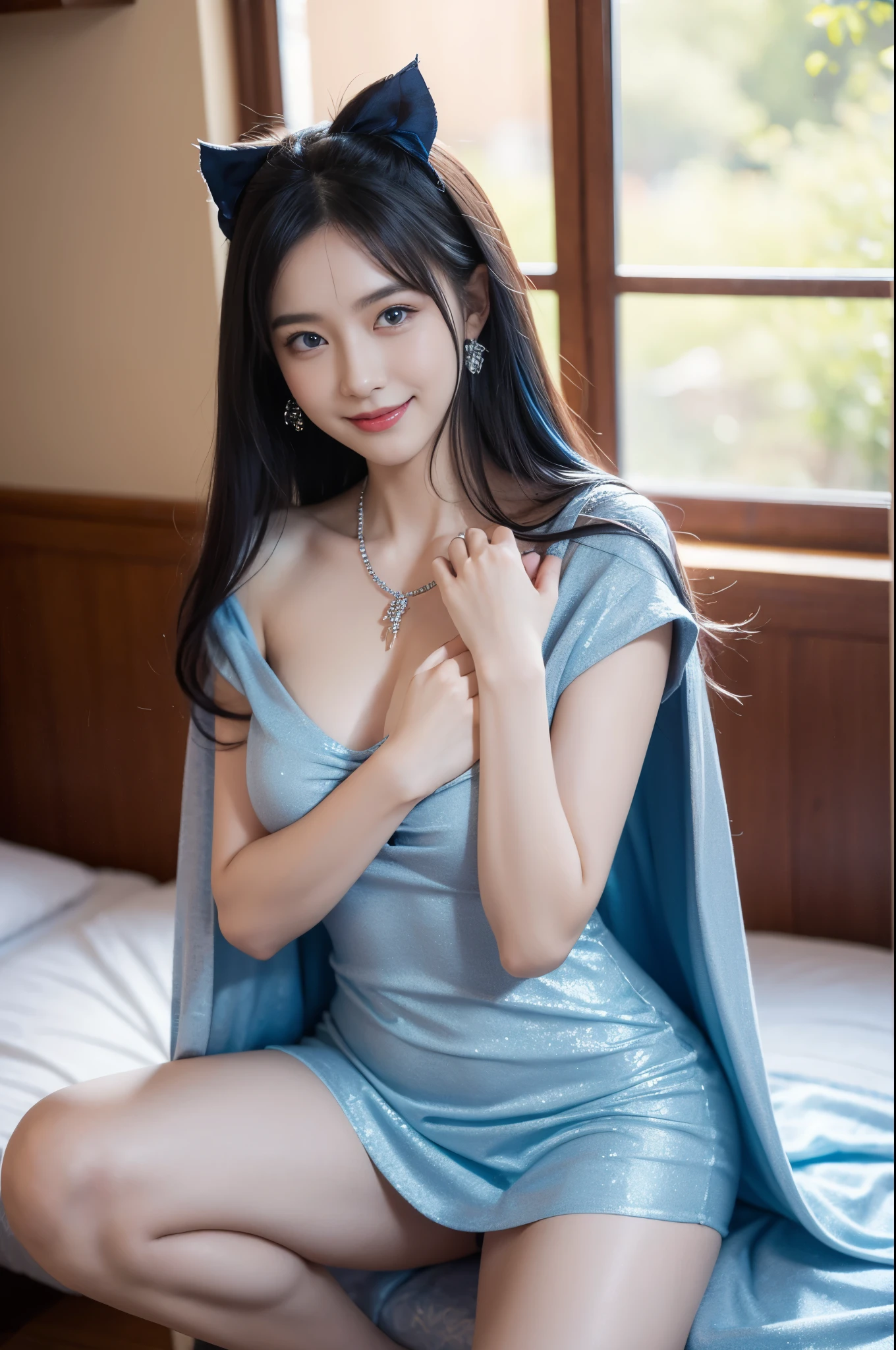 image of a girl in dubai realistic image of a 13 year old girl, solo, long black hair, big breasts, looking at viewer, blonde hair, bare shoulders, black eyes, jewelry, full body, necklace, off shoulder, short blue blouse, lips, realistic, nose, flirting with camera, masterpies, smiling face with dimple, (nude) White Skin, Beside, Sexy Pose, nude, Blue Eye, Lips glossy, Bokeh, Modern Place Background, Masterpiece, Fullbody Shot, legs spread，There is thick liquid flowing down the inside of the leg，The front of the cheongsam is soaked，Raised nipples，The small slit below is recessed，Water leaked from the small slit，A shy expression，blush