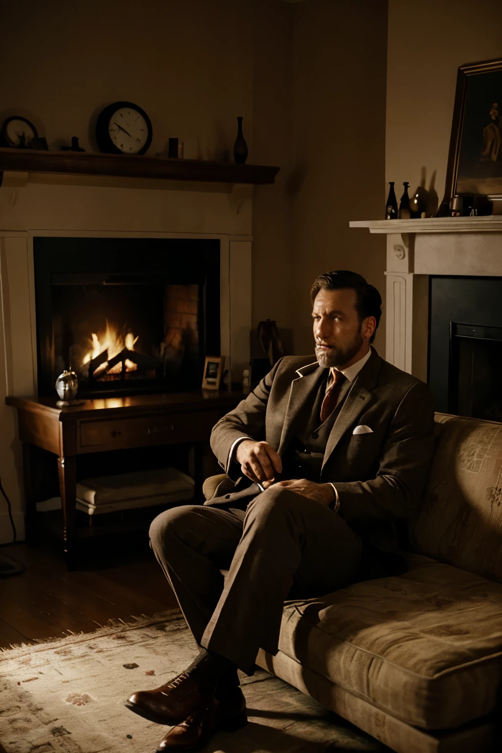 dim room, rugged man in the 1960's , wearing a suit, holding a cigar, sitting on a single sofa seat, facing a fireplace, dimly lit room, light from fireplace