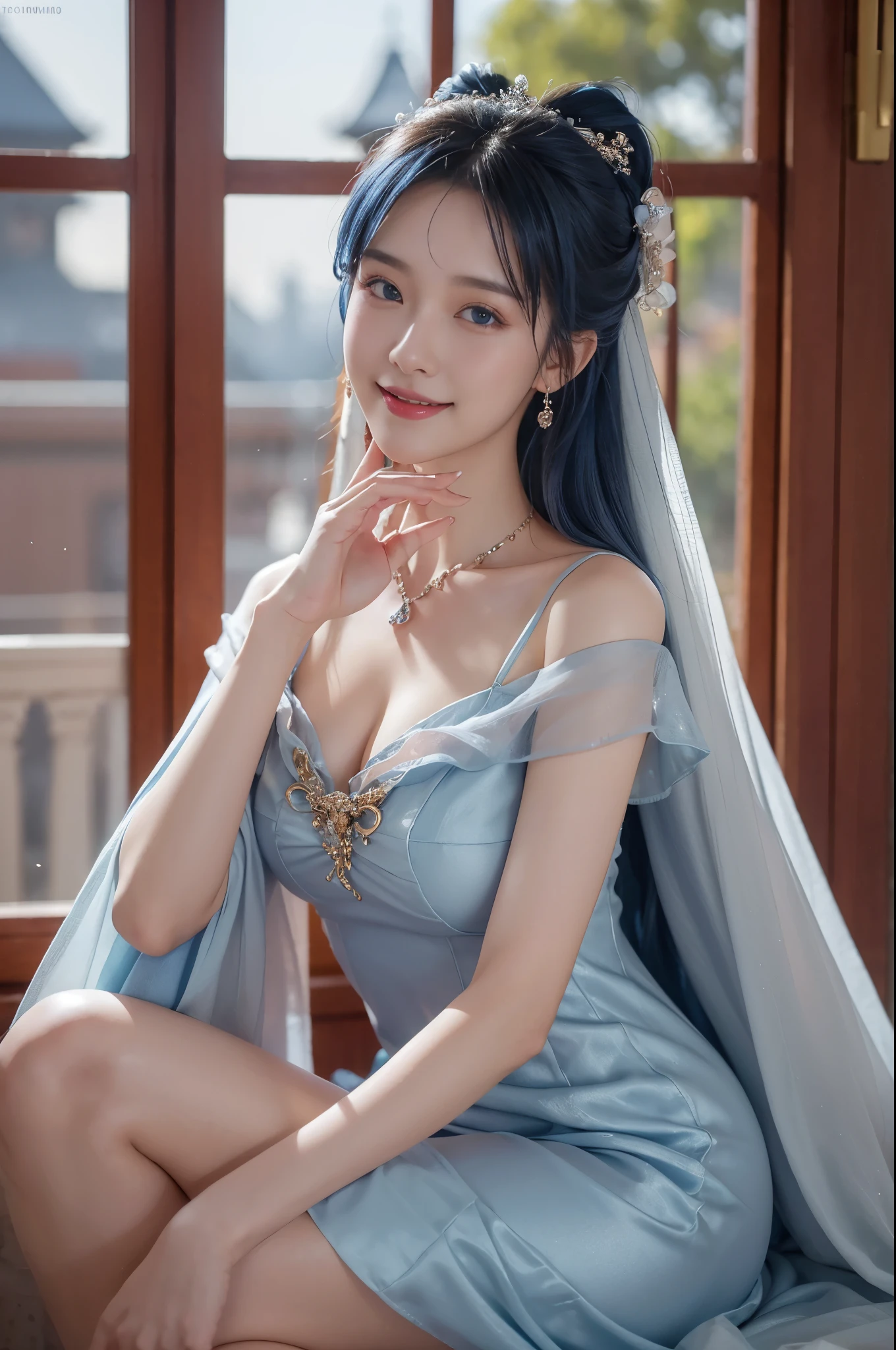 8k, masterpiece, RAW photo, best quality, photorealistic, extremely detailed CG unity 8k wallpaper, Depth of field, Cinematic Light, Lens Flare, Ray tracing, (extremely beautiful face, beautiful lips, beautiful eyes), intricate detail face, ((ultra detailed skin)) , pretty asian girl, ((looking at viewer)),(big smile), (blurry background), midnight, (pretty girl), earrings, bracelets, necklace, clear eyes, (pale skin), face forward, (big eyes), (looking at viewer), large breasts ,((smile)),, cityscape, blue eyes, sparkling dress, , mini dress, very short red dress, open breast, veranda, very slim, (medium butt), see through dress, thick thighs, open breast
1 girl,hoody,fur cape,Blue hair,ssmile,Lolita costume,Extra-long hair,Red bow hair ornament,Squat and sit,The content is very detailed,center frame,Focus sharp,城市,natta,Snow resort,Blizzarding,luring,8K,tmasterpiece,winning artwork,