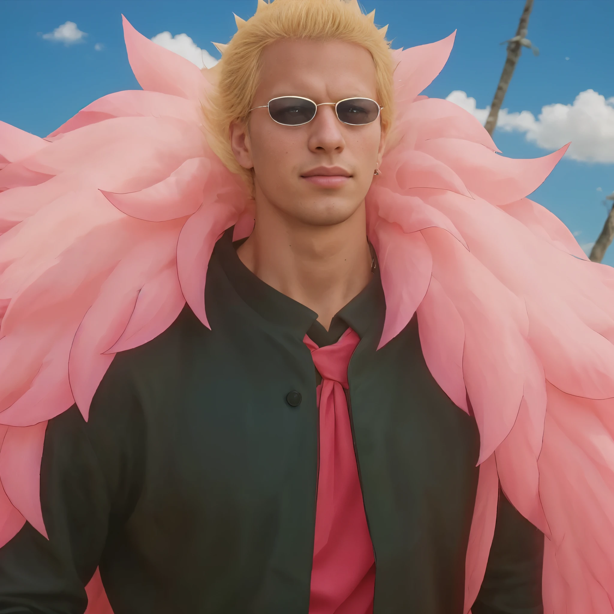 (masterpiece), (realistic), (ultra detailed), ( high reest quality), (photorealistic), (perfect face), (perfect anatomy), man, male, solo, (((************))), donquixote doflaminho from one piece, donquixote doflamingo, one piece, yellow hair, (((upward spiky hairstyle)))