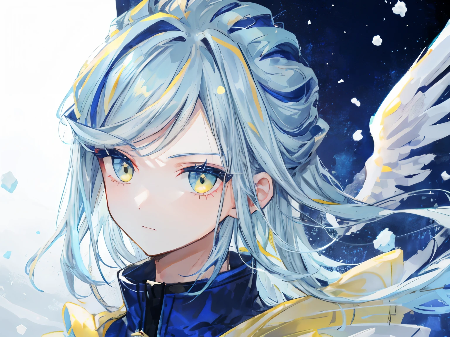 highest quality、best quality、super detailed、perfect face、very detailed、very delicate、1 boy, (cute), Angel, light blue hair、half up、place々Blue Mesh、blue and yellow gradient eyes、Noble attire、snow mountain、Snow blows、nature