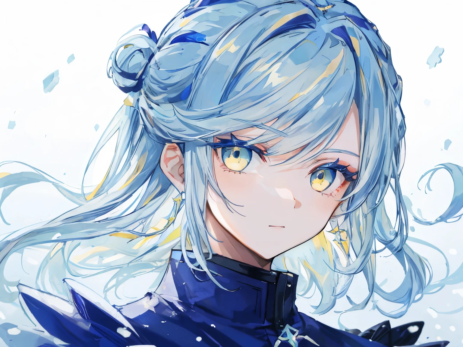 highest quality、best quality、super detailed、perfect face、very detailed、very delicate、1 boy, (cute), Angel, light blue hair、half up、place々Blue Mesh、blue and yellow gradient eyes、Noble attire、snow mountain、Snow blows、nature