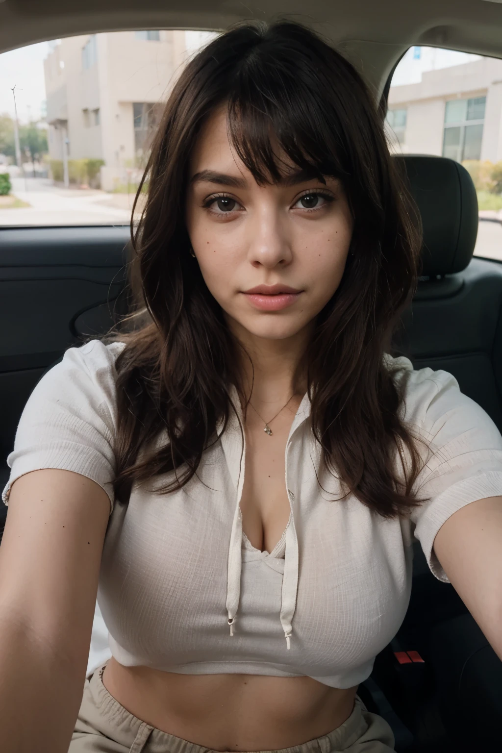 ((best quality)), ((masterpiece)), (detailed), perfect face
With bangs ,sexy look , , nose piercing , Latina girl , 21 years old , left cheek mole ,long hair ,big hoodie, cargo pants , inside a car selfie, white 3 Tesla