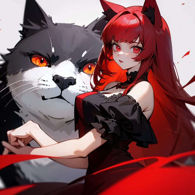 Girl with red hair, white eyes, cat ears, beautiful black and red dress