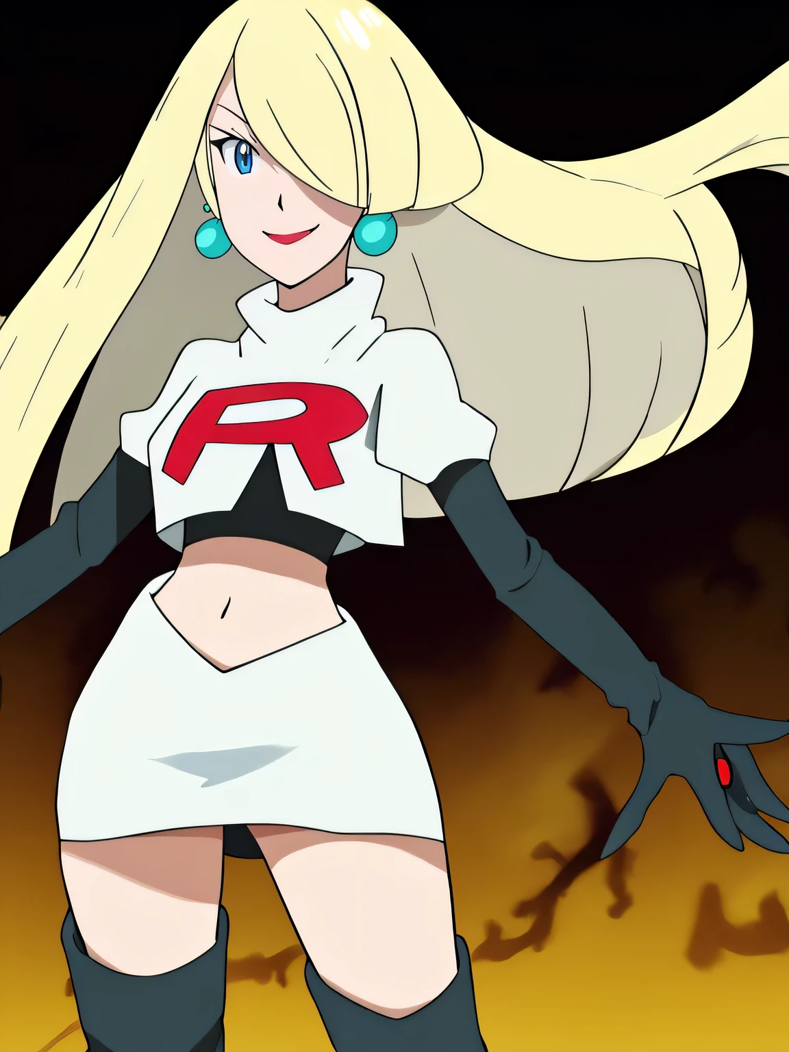 cynthia (pokemon), 1girl, solo ,blonde hair, blue eyes ,hair covering one eye, hair ornament ,glossy lips, earings ,team rocket uniform, red letter R, white skirt,white crop top,black thigh-high boots, black elbow gloves, closed mouth, evil smile,