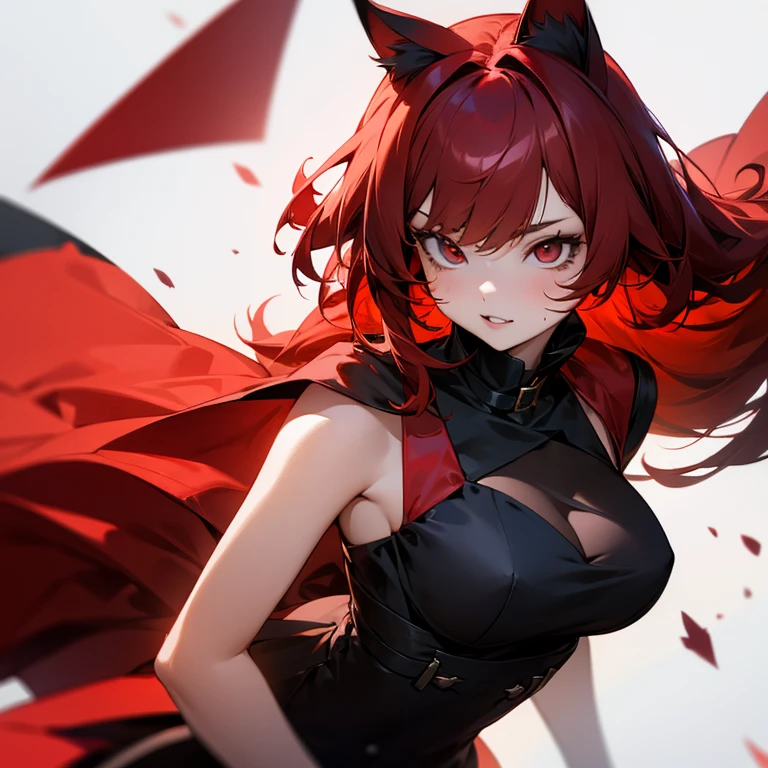 Girl with red hair, white eyes, cat ears, beautiful black and red dress